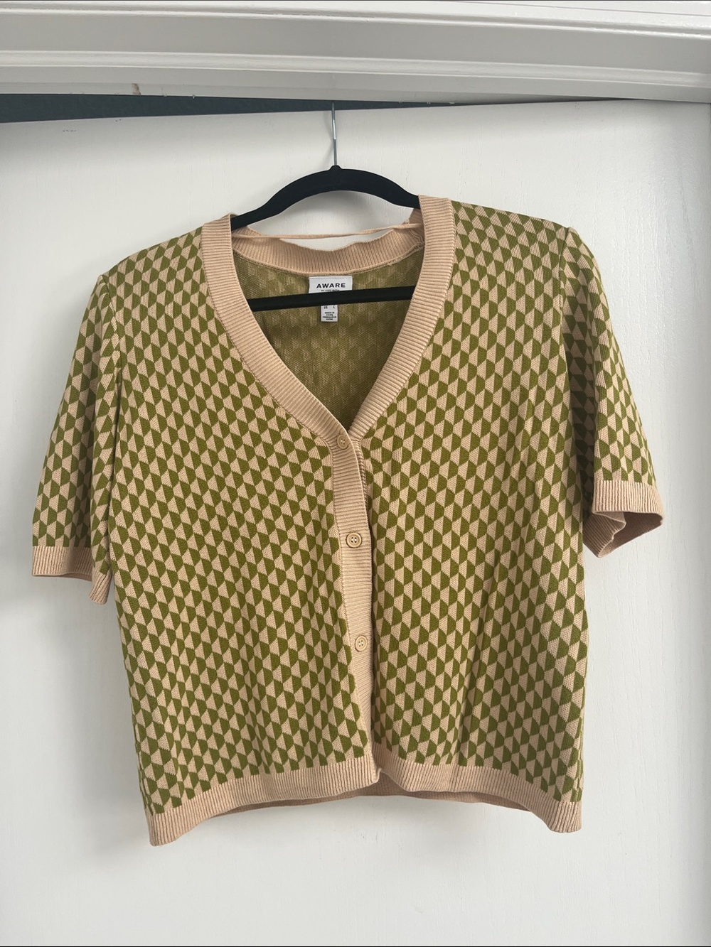 Vero Moda Green and Beige Geometric Button-Down Top